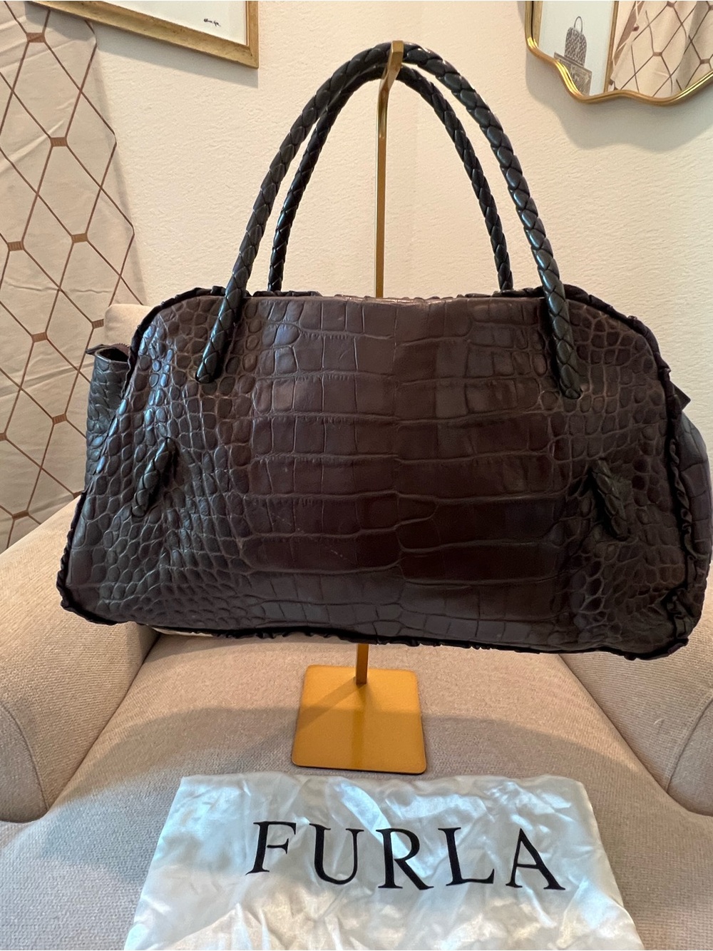 Vintage Furla Dark Brown Croc-Embossed Leather Shoulder Bag with Braided Handles